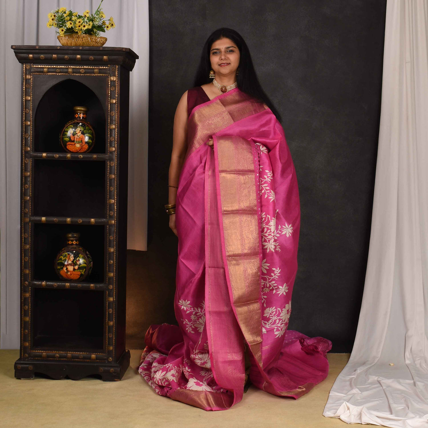 Rani Pink Floral Printed Kanchi Silk Saree with Cut Work Design