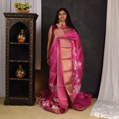 Rani Pink Floral Printed Kanchi Silk Saree with Cut Work Design