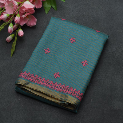 Blue Tussar Silk Saree with Kutch Work Design