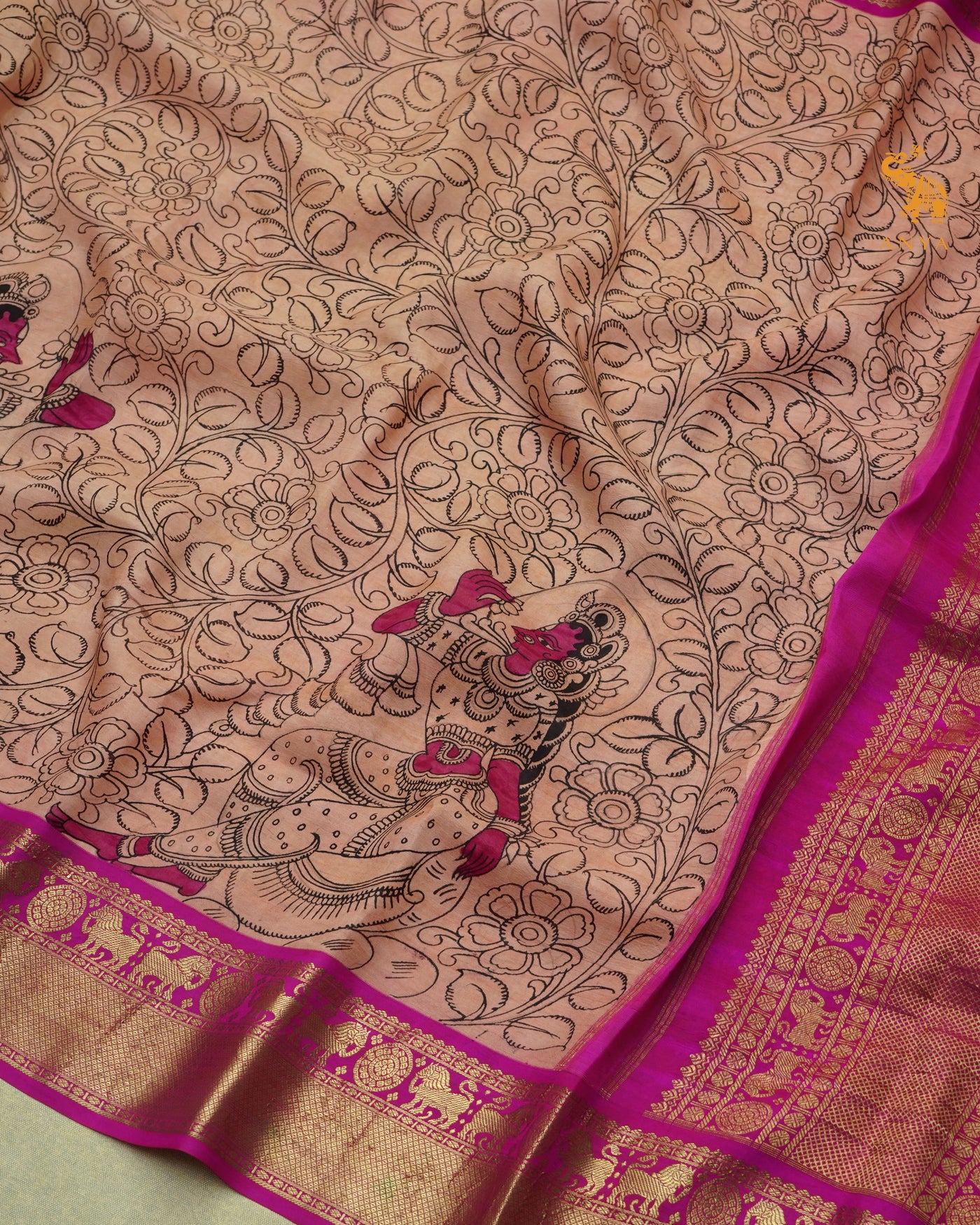 Peach Pen Kalamkari Kanchi Silk Saree with Floral Creeper and Dancing Doll Design
