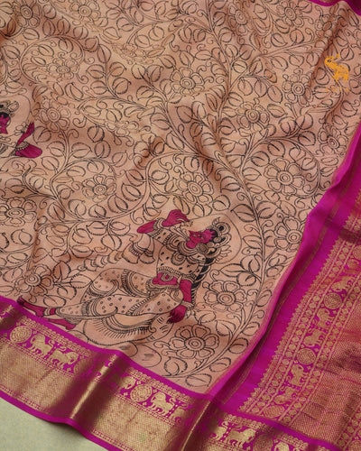 Peach Pen Kalamkari Kanchi Silk Saree with Floral Creeper and Dancing Doll Design