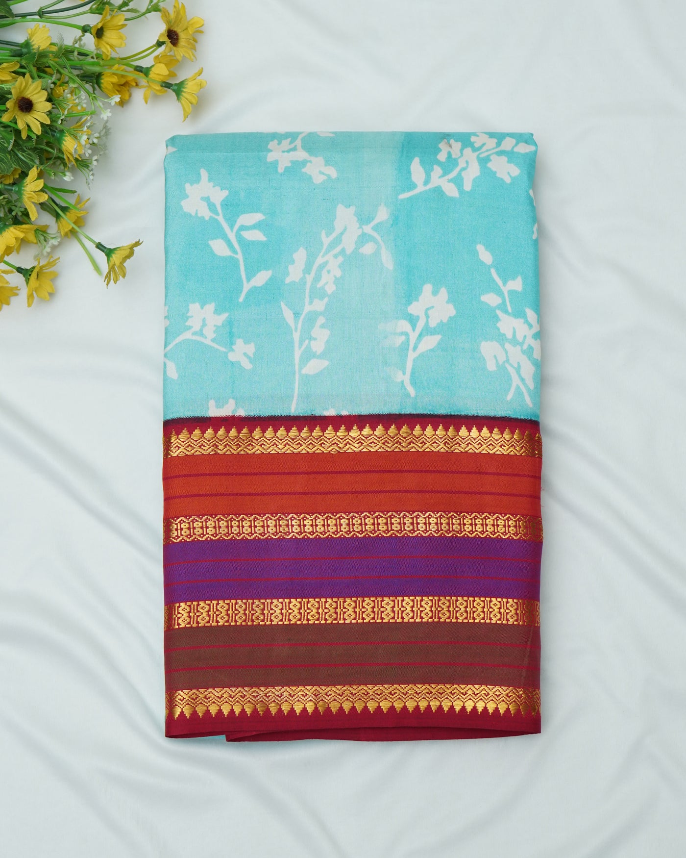 Baby Blue Printed Kanchi Silk Saree with Floral Design