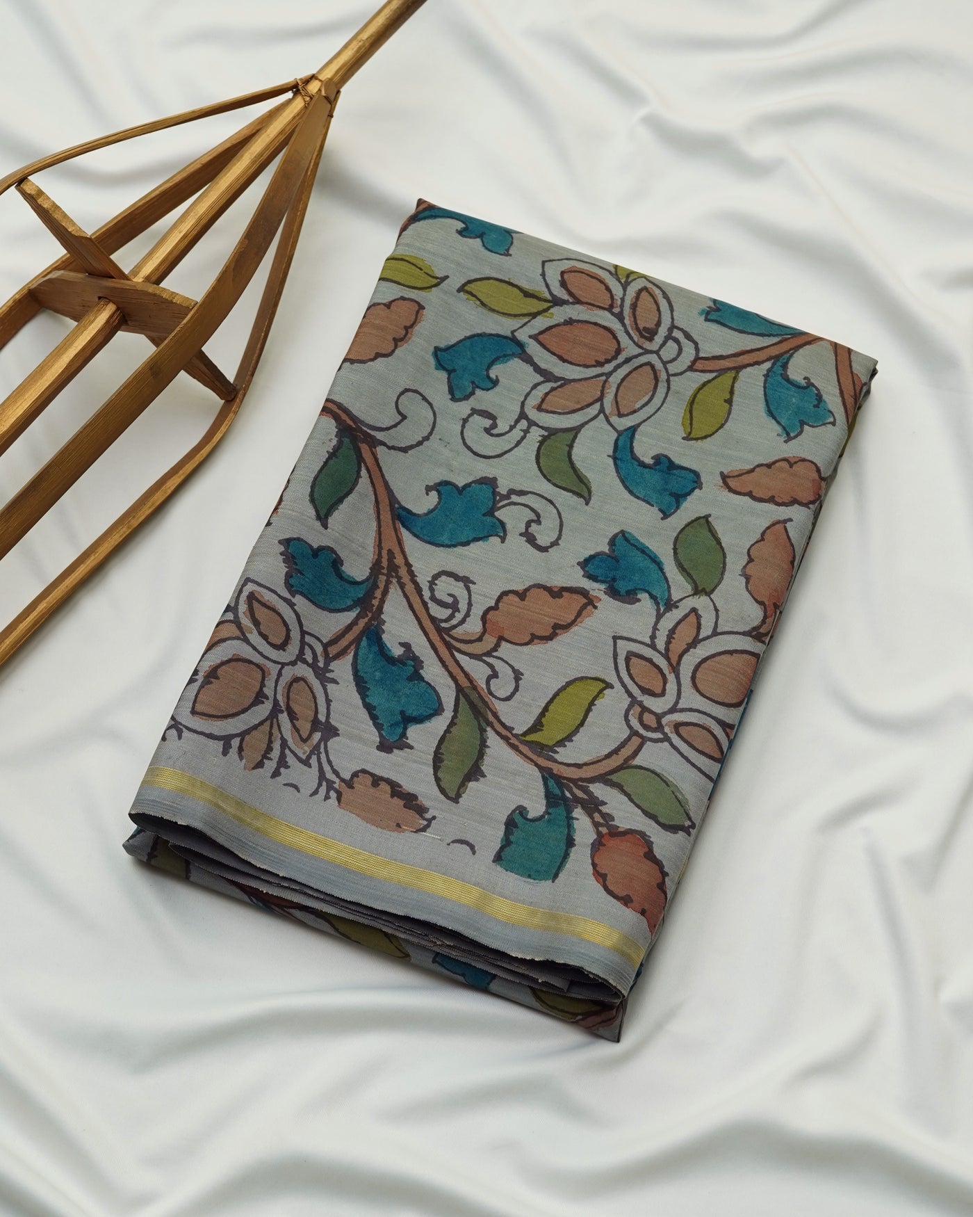 Grey Pen Kalamkari Kanchi Silk Fabric with Creeper Design