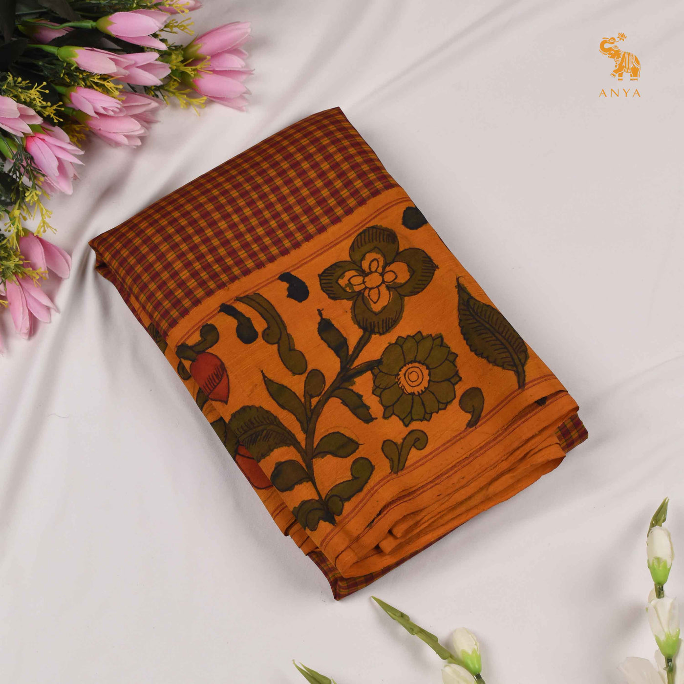 Mustard with Red Pen Kalamkari Kanchi Silk Saree