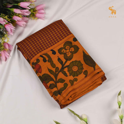 Mustard with Red Pen Kalamkari Kanchi Silk Saree
