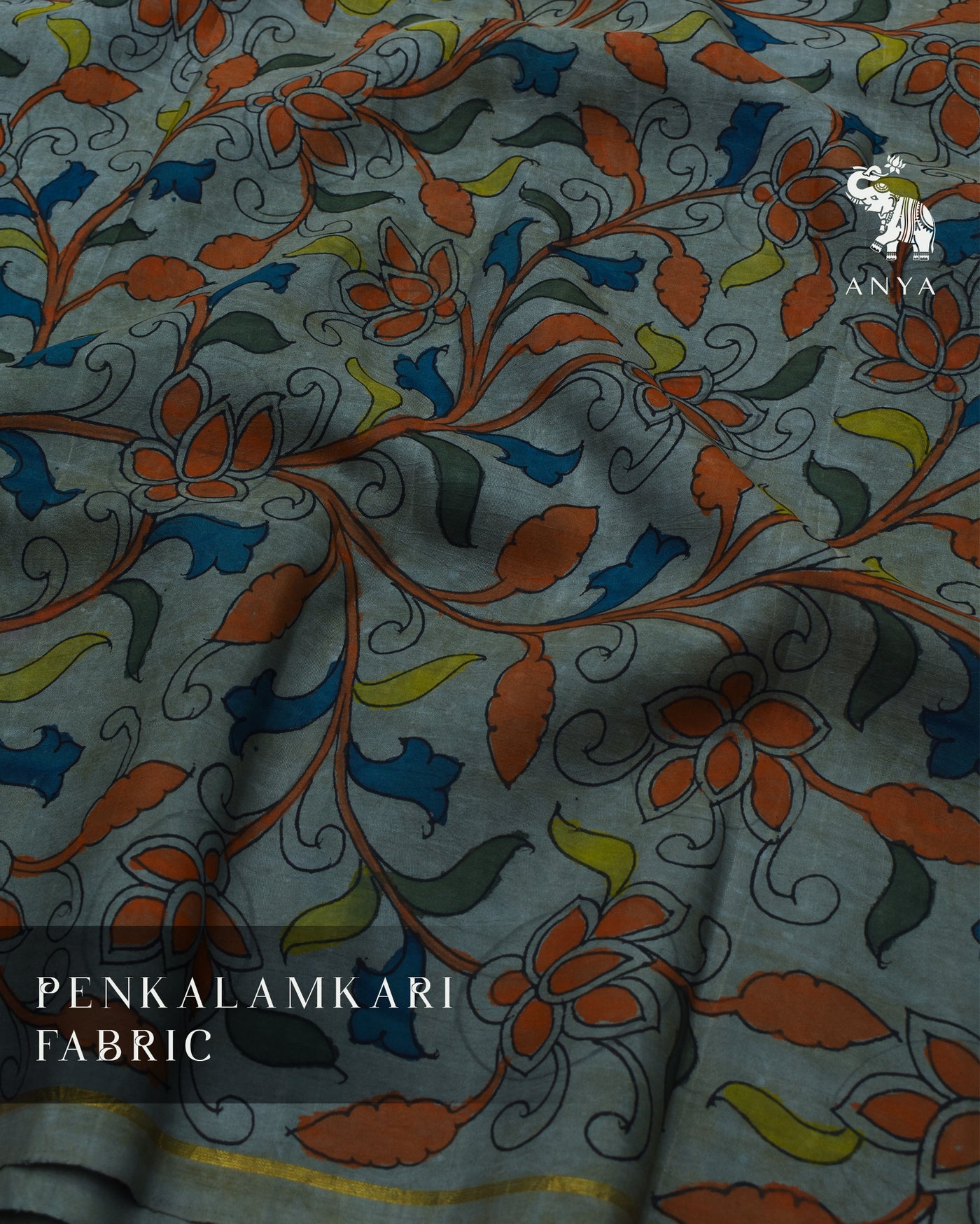Grey Pen Kalamkari Kanchi Silk Fabric