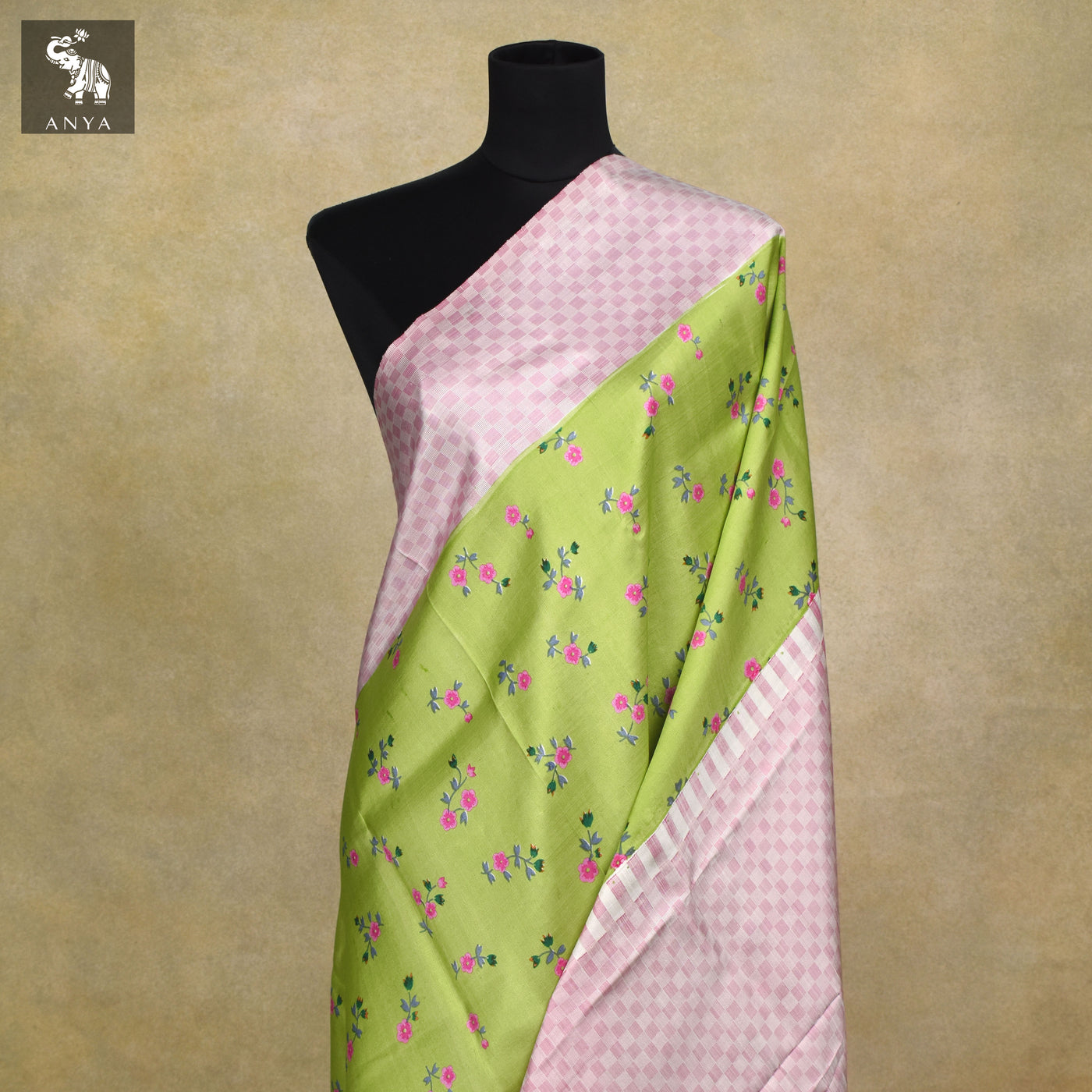 Apple Green Printed Kanchi Silk Saree with Small Flower Print Design