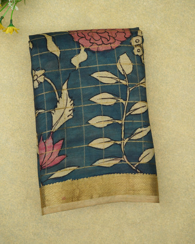 Indigo Blue Pen Kalamkari Kanchi Silk Saree