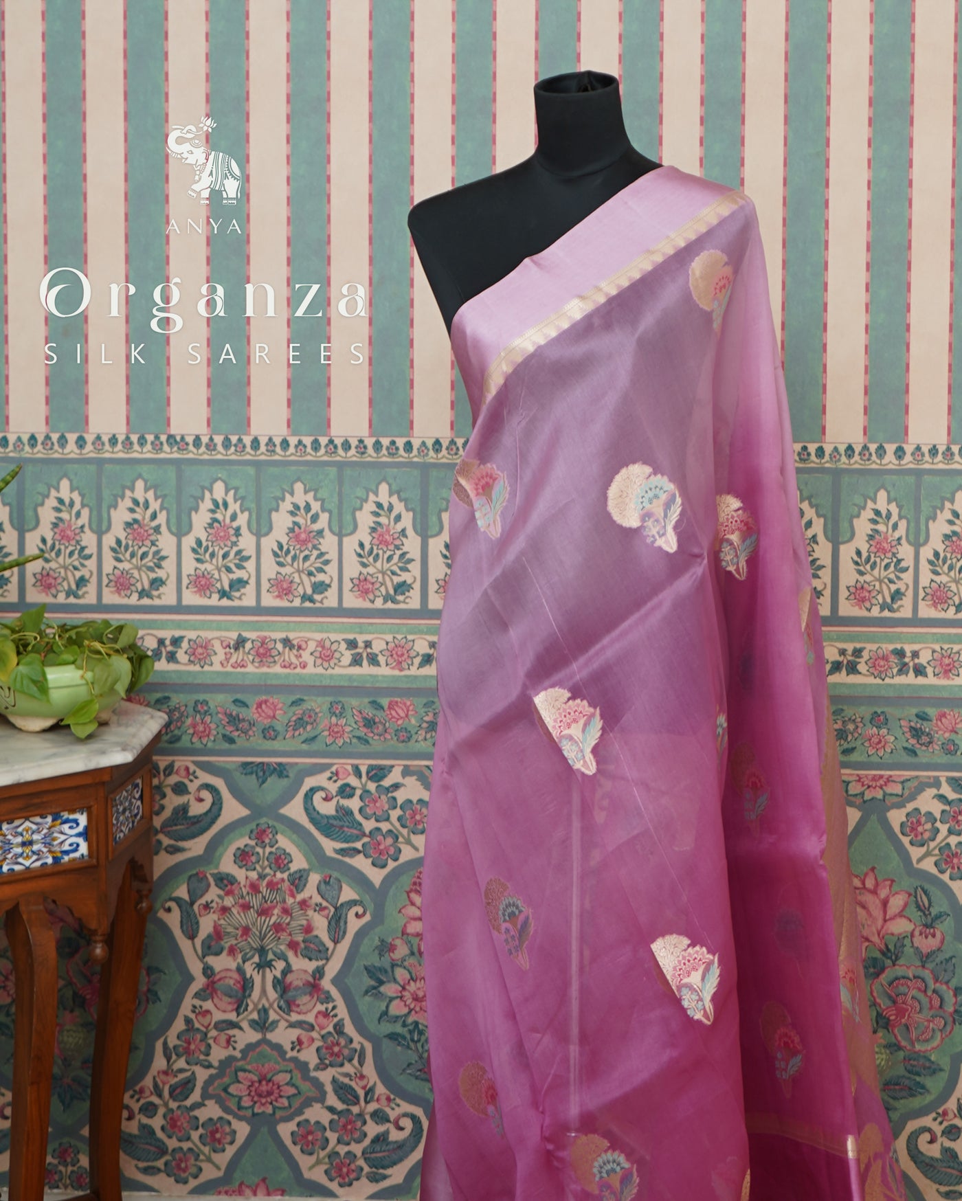 Magenta Organza Saree with Big Motifs Design