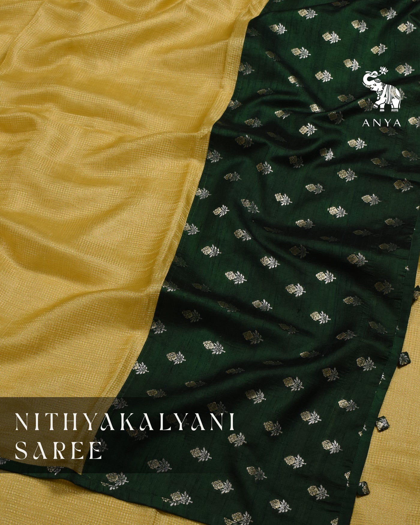 Yellow Zari Checks Tussar Silk Saree with Bottle Green Raw Silk Pallu and Blouse