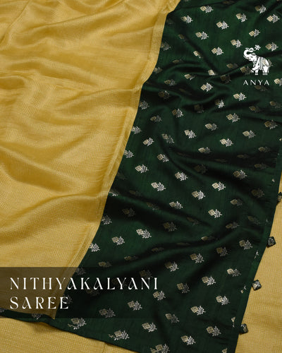 Yellow Zari Checks Tussar Silk Saree with Bottle Green Raw Silk Pallu and Blouse