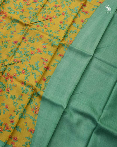 Mustard Tussar Silk Saree with Floral Printed Design