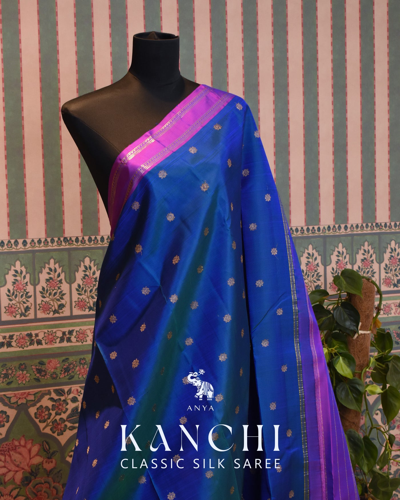 Peacock Blue Kanchi Classic Saree with Zari Butta Design