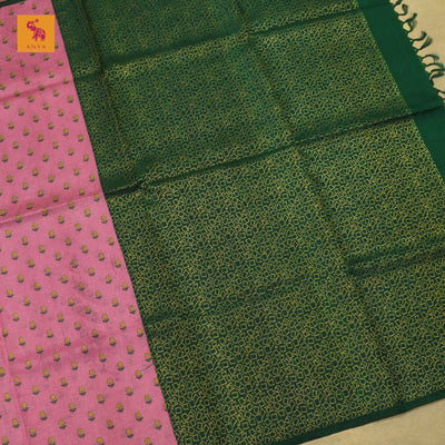 Onion Pink Small Flower Print Zari Checks Tussar Silk Saree with Bottle Green Kanchi Silk Small Box Zari Pallu