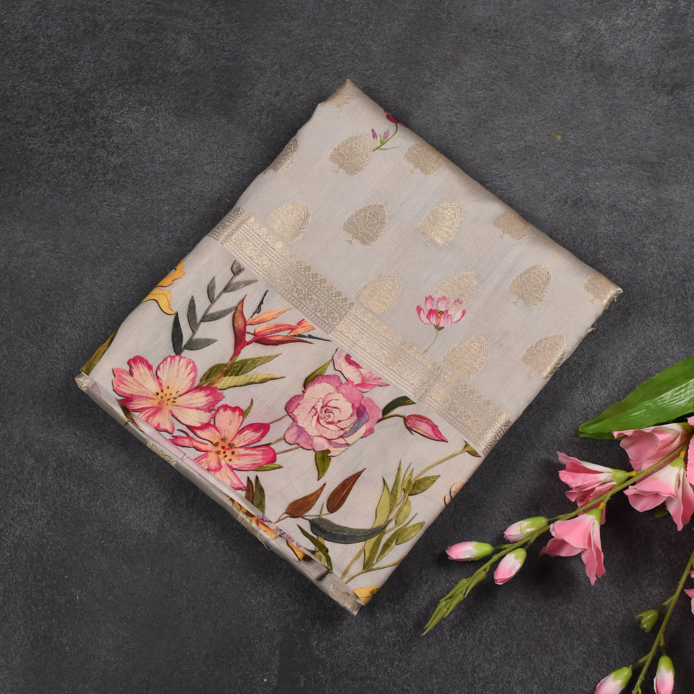 Light Grey Banarasi Silk Saree with Zari Butta Design