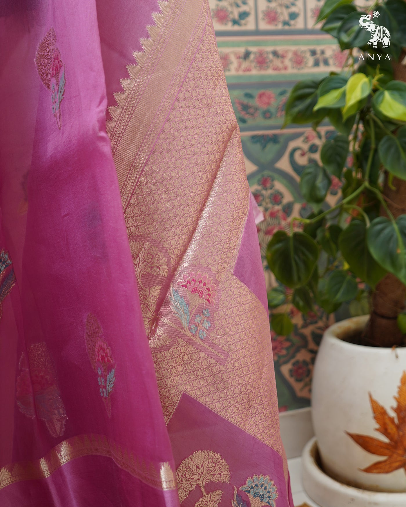 Magenta Organza Saree with Big Motifs Design