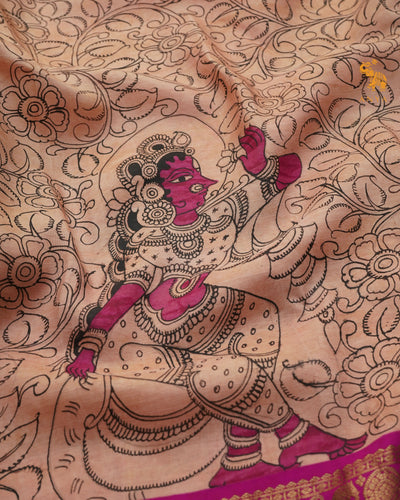 Peach Pen Kalamkari Kanchi Silk Saree with Floral Creeper and Dancing Doll Design