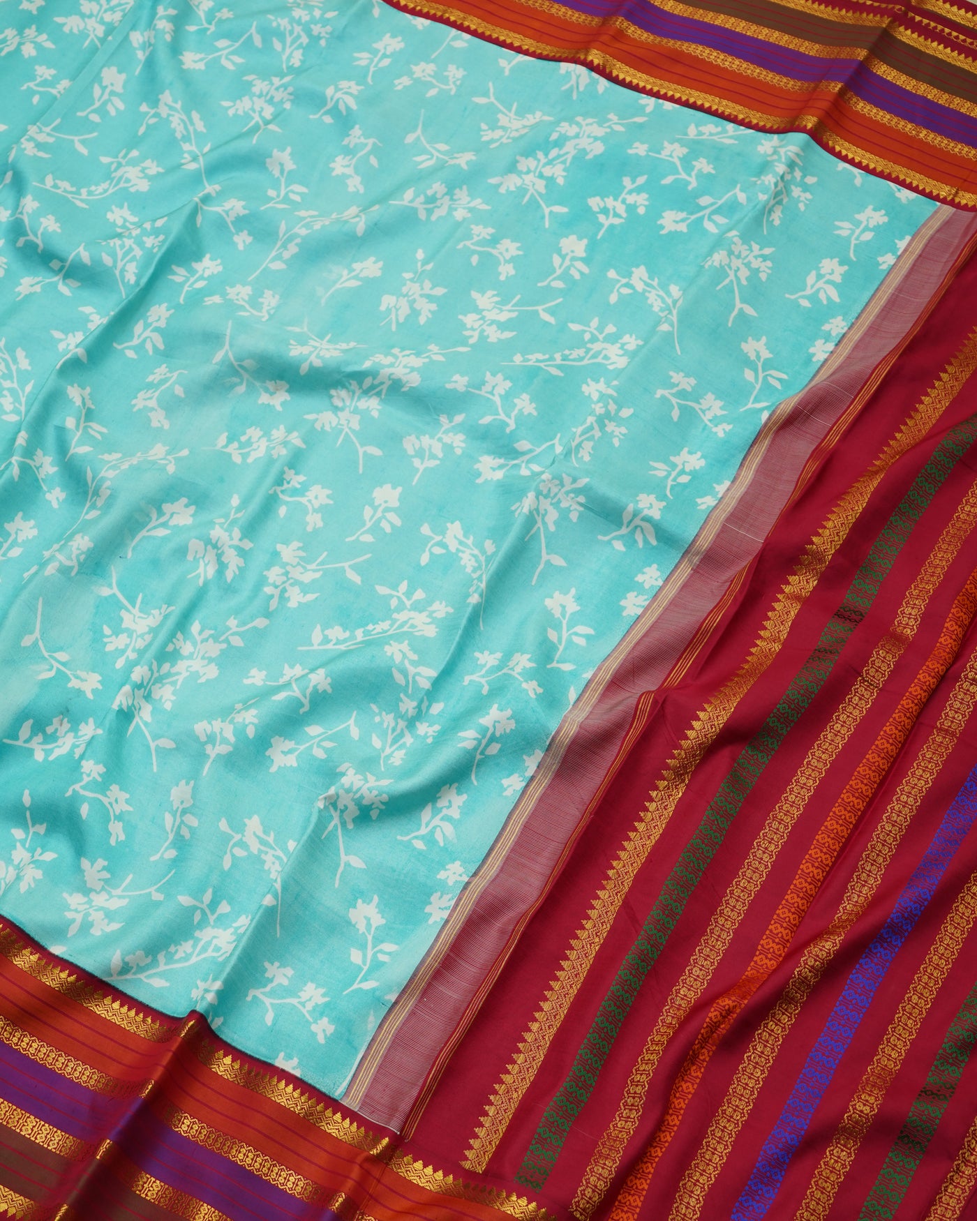 Baby Blue Printed Kanchi Silk Saree with Floral Design