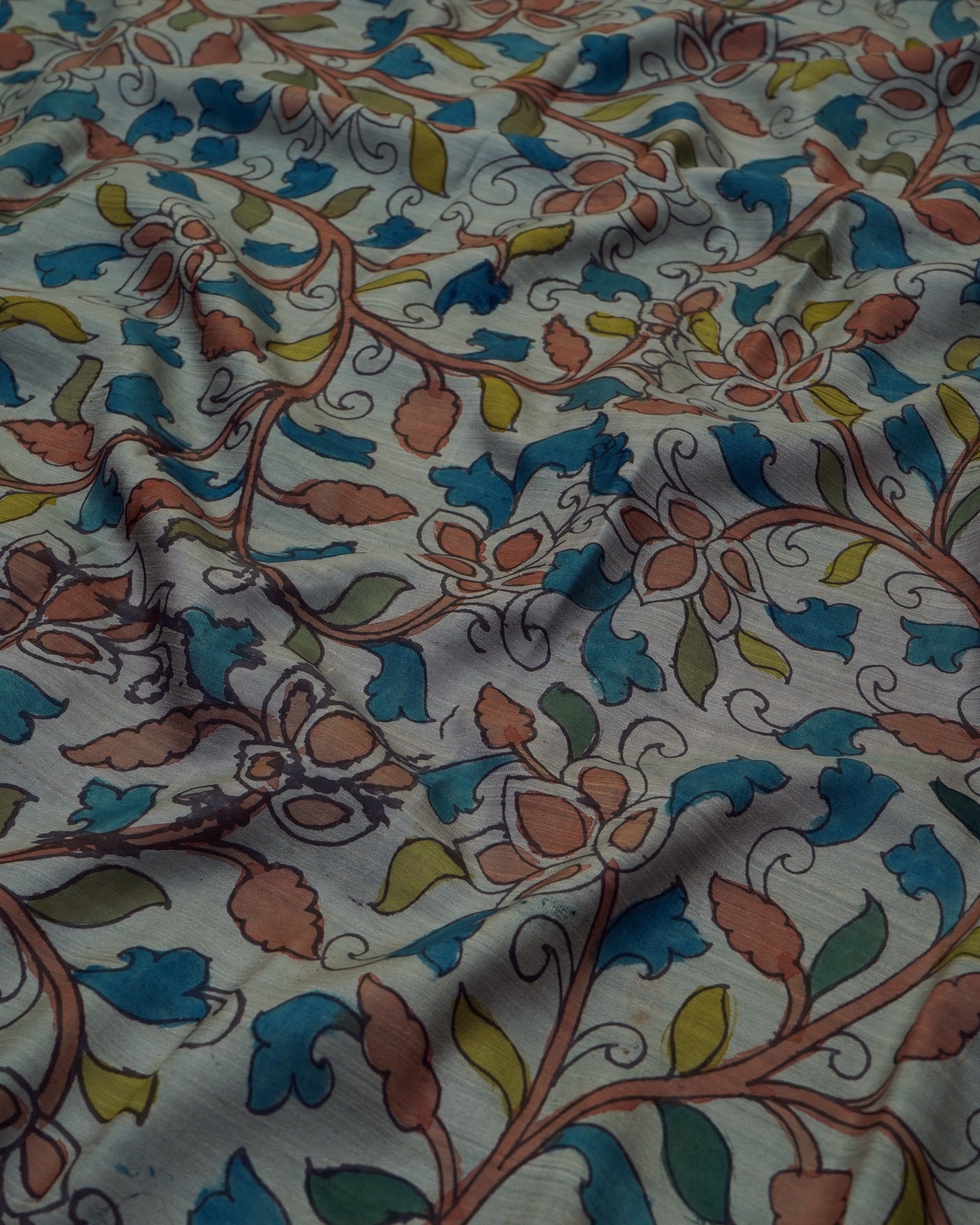 Grey Pen Kalamkari Kanchi Silk Fabric with Creeper Design