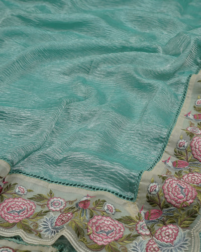 Blue Crush Tissue Saree with Floral Embroidery Border