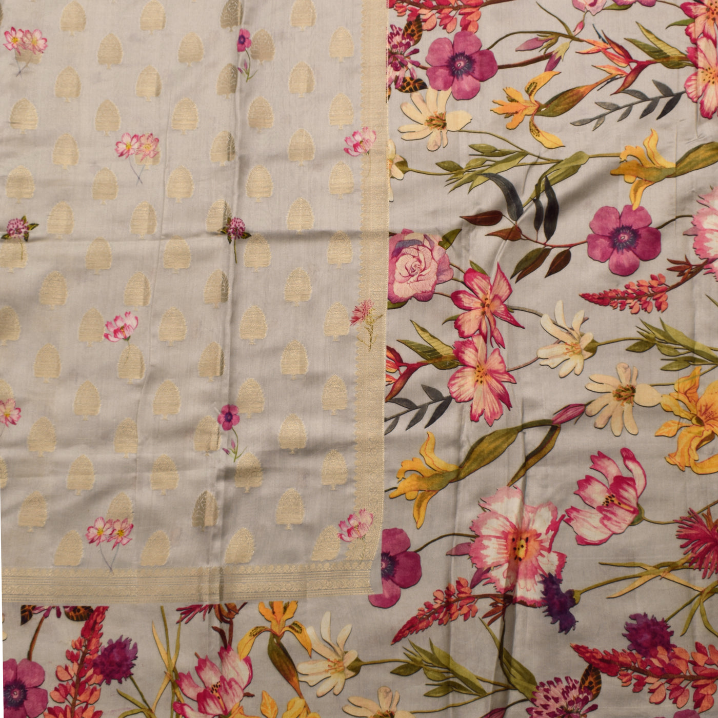 Light Grey Banarasi Silk Saree with Zari Butta Design