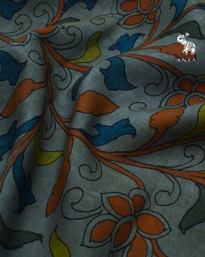Grey Pen Kalamkari Kanchi Silk Fabric