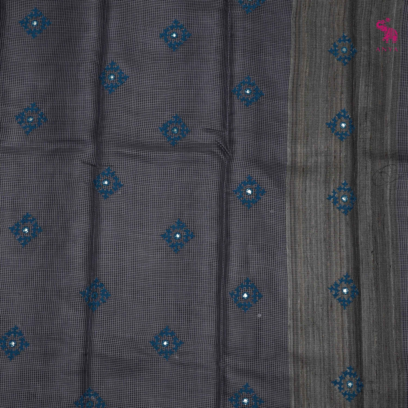 Grey Tussar Silk Sarees with Kutch Work Design