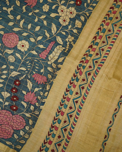 Indigo Blue Pen Kalamkari Kanchi Silk Saree