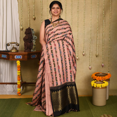 Onion Pink Pen Kalamkari Kanchi Silk Saree with Velthari Design
