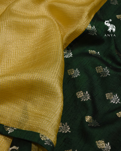 Yellow Zari Checks Tussar Silk Saree with Bottle Green Raw Silk Pallu and Blouse