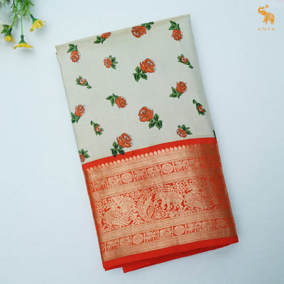 Pastel Green Printed Kanchi Silk Saree with Floral Printed Design