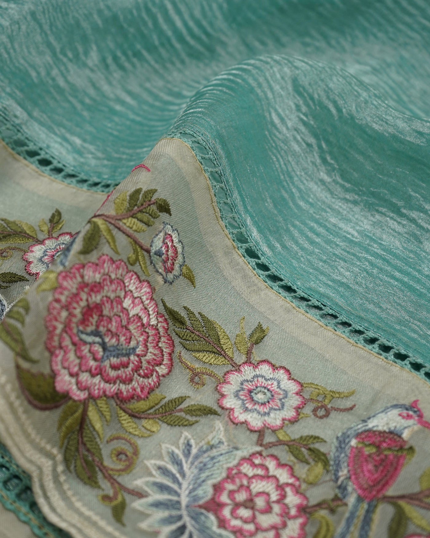Blue Crush Tissue Saree with Floral Embroidery Border