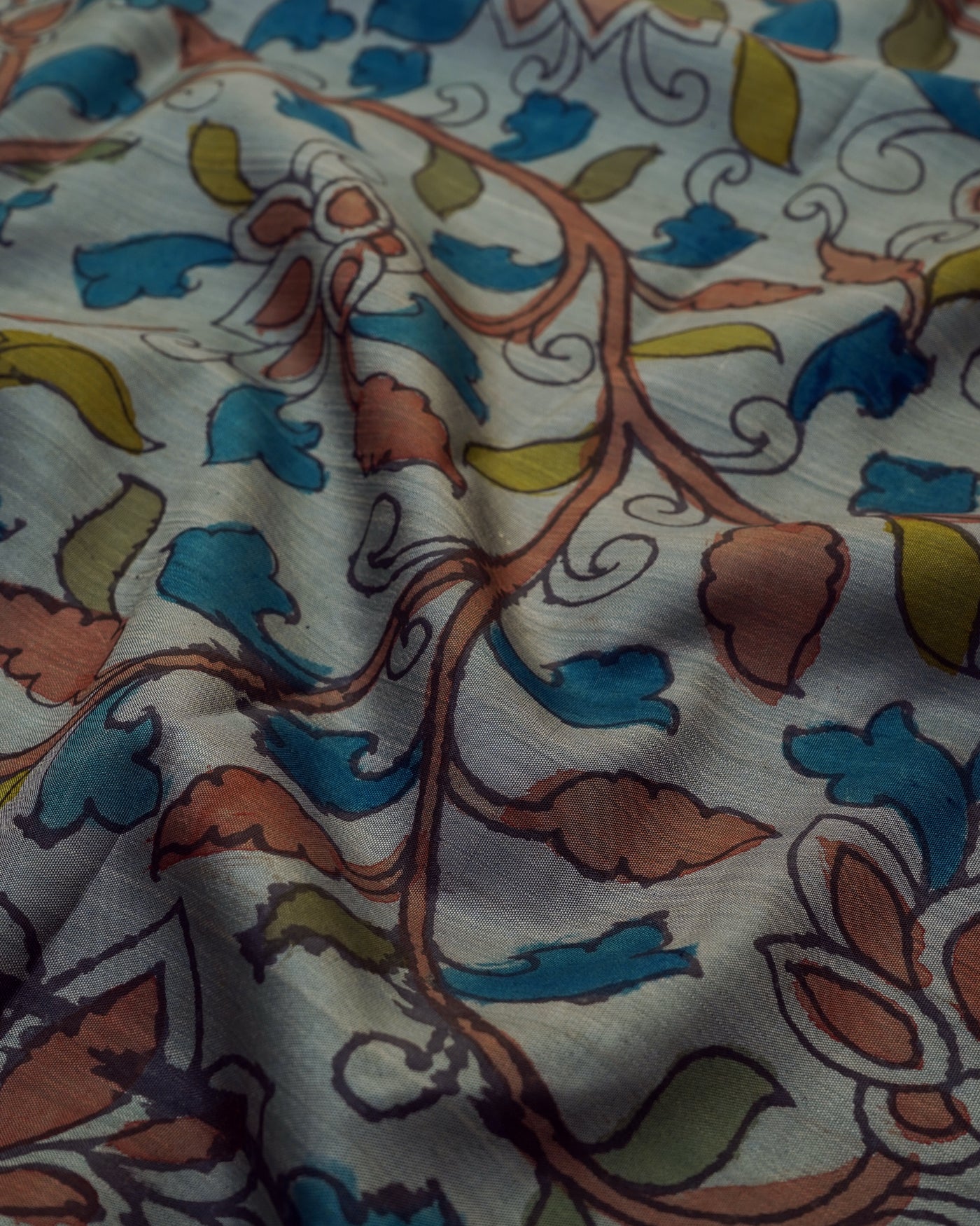 Grey Pen Kalamkari Kanchi Silk Fabric with Creeper Design