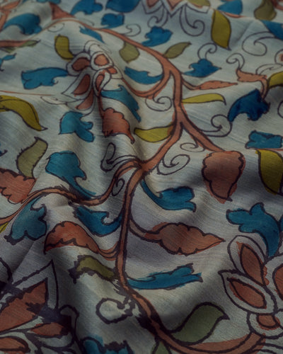 Grey Pen Kalamkari Kanchi Silk Fabric with Creeper Design