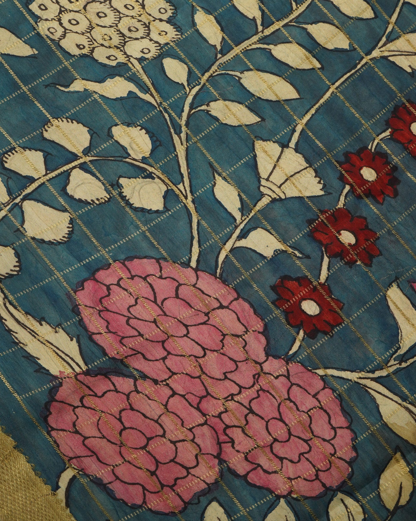 Indigo Blue Pen Kalamkari Kanchi Silk Saree