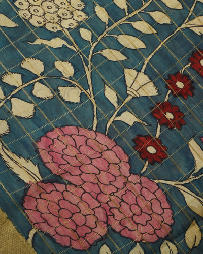 Indigo Blue Pen Kalamkari Kanchi Silk Saree