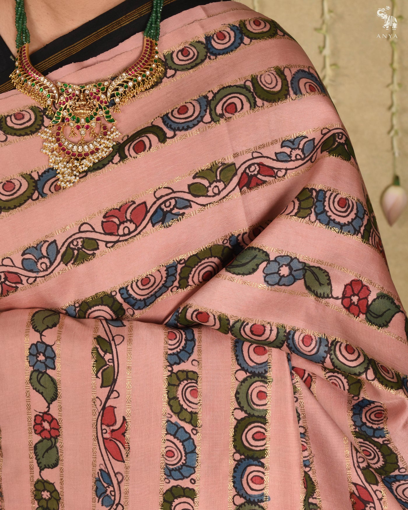 Onion Pink Pen Kalamkari Kanchi Silk Saree with Velthari Design
