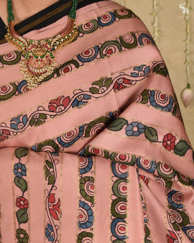 Onion Pink Pen Kalamkari Kanchi Silk Saree with Velthari Design