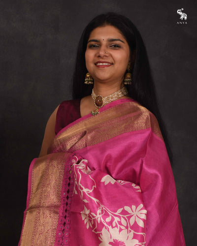 Rani Pink Floral Printed Kanchi Silk Saree with Cut Work Design