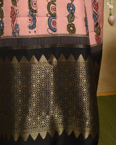 Onion Pink Pen Kalamkari Kanchi Silk Saree with Velthari Design