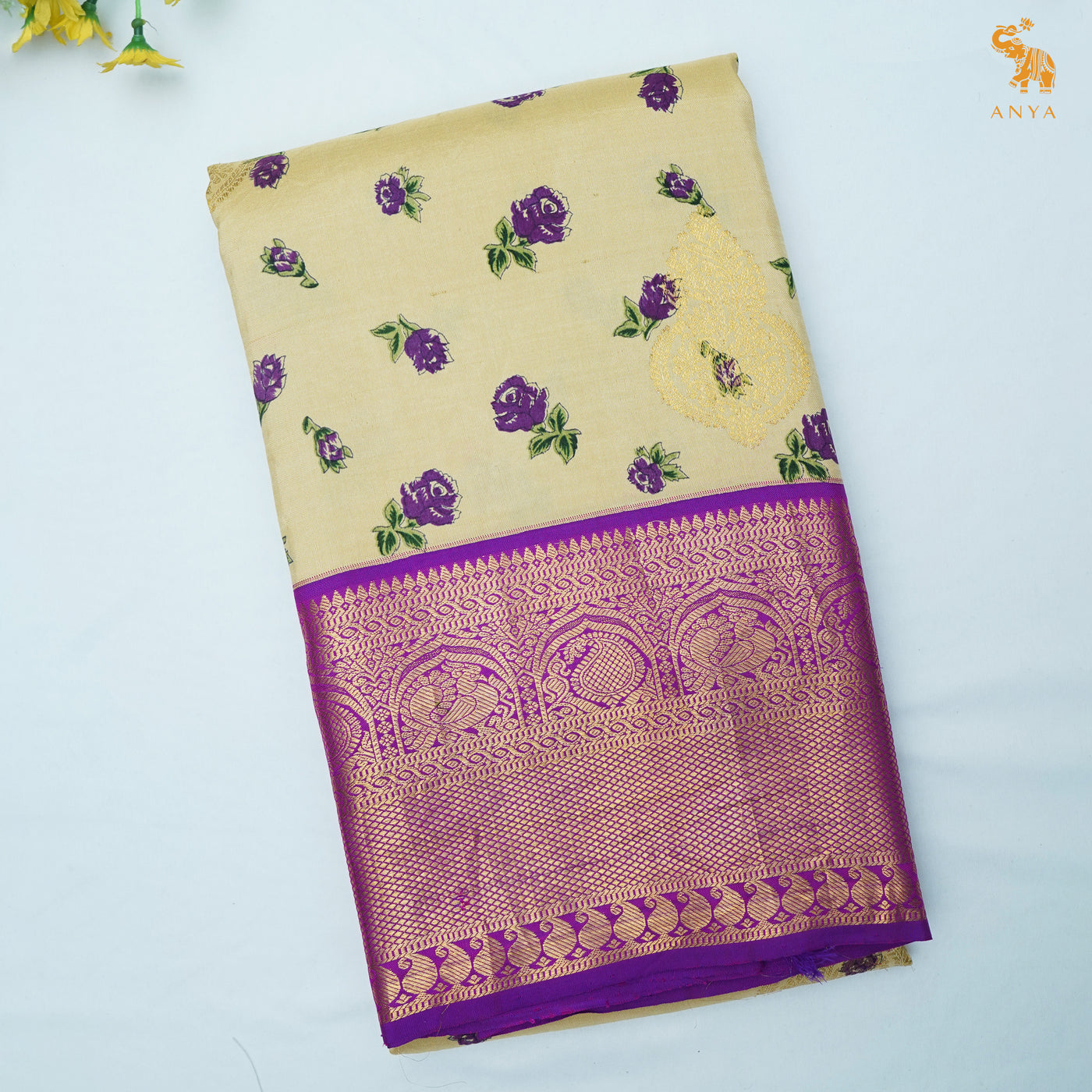 Beige Printed Kanchi Silk Saree with Floral Printed Design