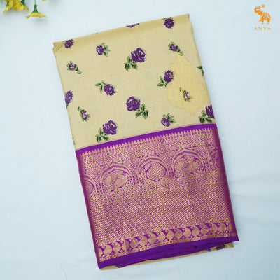 Beige Printed Kanchi Silk Saree with Floral Printed Design