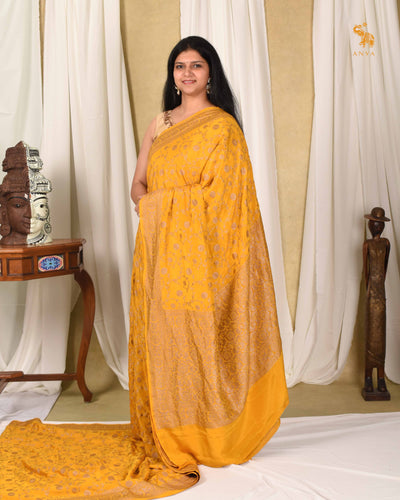 Oil Mustard Crepe Banarasi Silk Saree with Floral Creeper Design