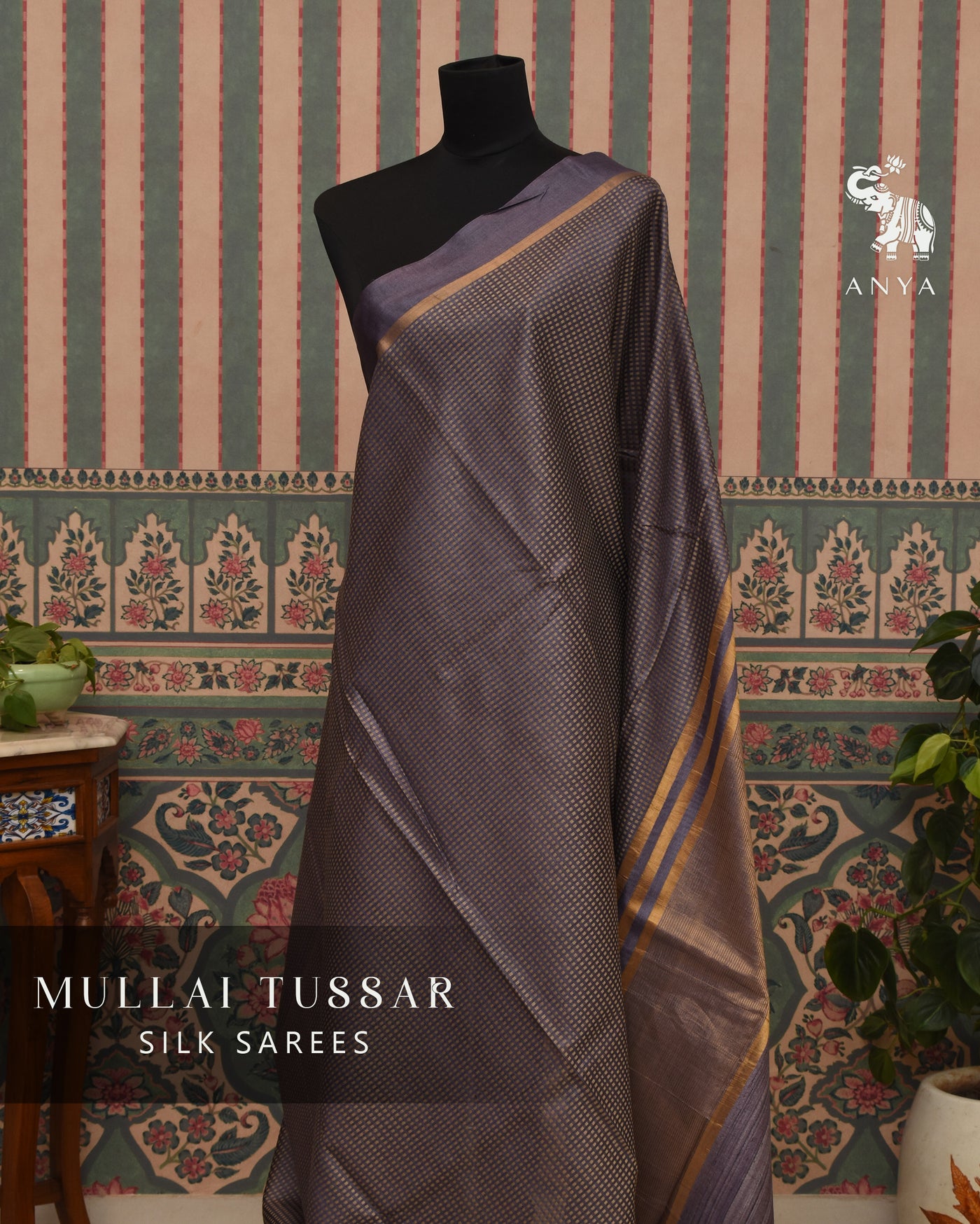Violet Tussar Silk Saree with Thread Checks Design