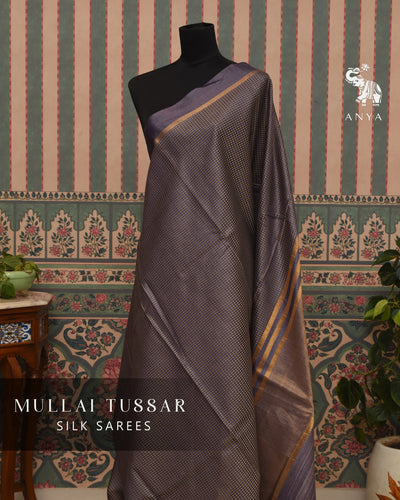 Violet Tussar Silk Saree with Thread Checks Design