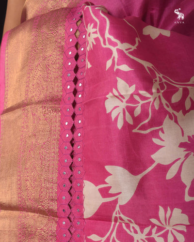 Rani Pink Floral Printed Kanchi Silk Saree with Cut Work Design