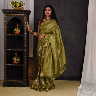 Mehandhi Green Floral Printed Kanchi Silk Saree with Cut Work Design