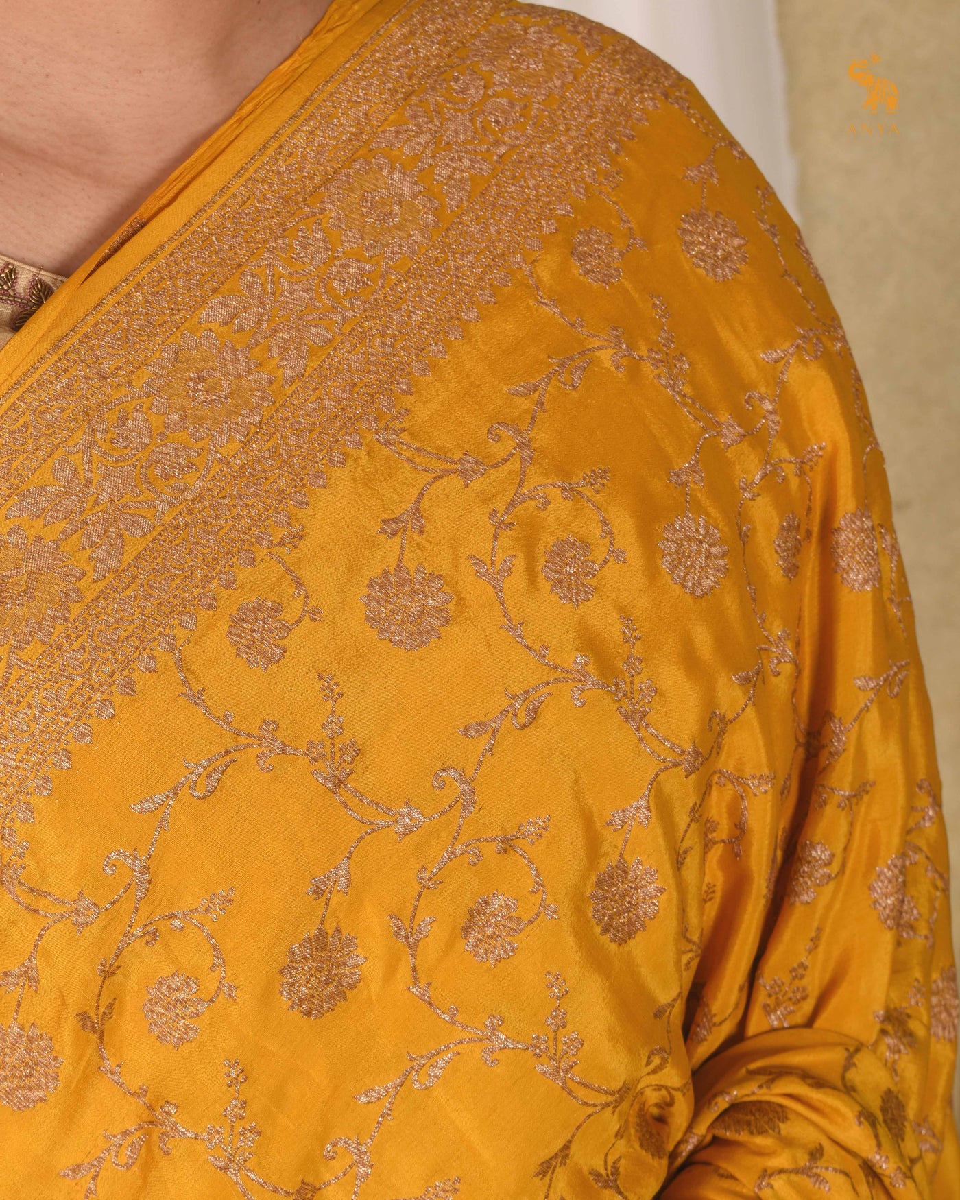 Oil Mustard Crepe Banarasi Silk Saree with Floral Creeper Design