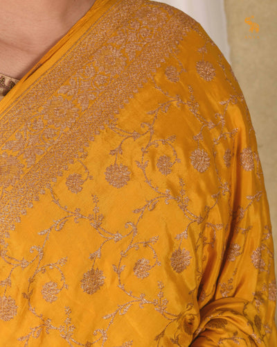 Oil Mustard Crepe Banarasi Silk Saree with Floral Creeper Design