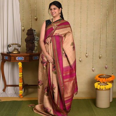 Off White Pen Kalamkari Kanchi Silk Saree with Floral and Checks Design